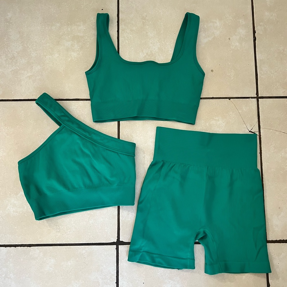 OQQ 3 Piece Outfits Ribbed Seamless Bra One Shoulder Tops High Waist Shorts